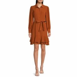 Best reviews of ???? Alex Marie Jesse Point Collar Long Sleeve Pleat Tie Waist Tiered Flounce Hem ???? Shirt ???? Dress Ginger ????