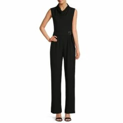 New ✨ Alex Marie Petite Size Zoey Stretch Crepe Cowl Neck Belted Sleeveless Jumpsuit Black ????