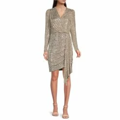 Outlet ???? Alex Marie Petite Size Milly Sequin Surplice V-Neck Long Sleeve Gathered Waist ???? Dress Silver ????