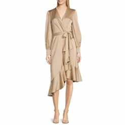 Cheapest ???? Alex Marie Lilac Satin V-Neck Long Sleeve Wrap Ruffle ???? Dress Champagne ⭐