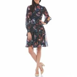 Promo ⌛ Alex Marie Floral Print Rosalia Split Long Sleeve Turtleneck Layered Hem ???? Dress Navy ✨