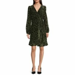 New ???? Alex Marie Petite Size Maren Velvet Burnout Animal Print Long Sleeve Surplice V-Neck Ruffle Hem Wrap ???? Dress Moss ✔️