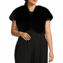 Cheap ???? Alex Marie Plus Size Jillian Faux Fur V-Neck Short Sleeve Cover Up Black ????