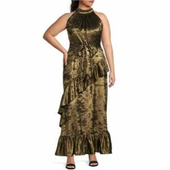 Budget ⭐ Alex Marie Plus Size Tiffany Halter Neck Cascading Ruffle Metallic Gown Black/gold ????