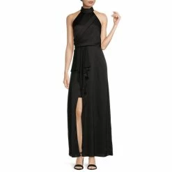 Discount ❤️ Alex Marie Lexi Halter Mock Neck Sleeveless Draped Thigh High Slit Crepe Gown Black ????