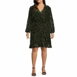 Wholesale ✨ Alex Marie Plus Size Maren Animal Print Velvet Burnout Surplice V-Neck Long Sleeve Wrap ???? Dress Moss ????