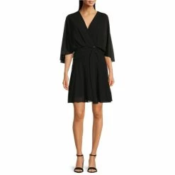 Top 10 ???? Alex Marie Petite Size Carissa Chiffon V-Neck 3/4 Flutter Cape Sleeve Belted Blouson ???? Dress Black ????