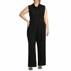 Hot Sale ⭐ Alex Marie Plus Size Zoey Stretch Crepe Cowl Neck Sleeveless Belted Jumpsuit Black ????