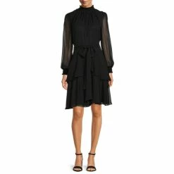 Promo ???? Alex Marie Rosalia Long Split Sleeve Smocked Mock Neck Tie Waist Layered A-Line ???? Dress Black ????