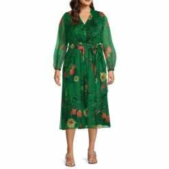 Budget ???? Alex Marie Plus Size Hayden Floral Print V-Neck Long Blouson Sleeve Pleated Tie Waist Palm Midi ???? Dress Palm Multi ????