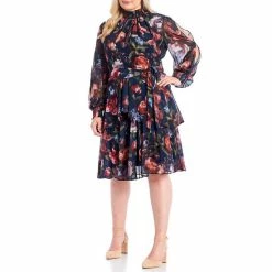 Budget ???? Alex Marie Plus Size Rosalia Long Split Sleeve Mock Neck Floral Print ???? Dress Navy ????