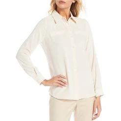 Hot Sale ???? Alex Marie Piper Striped Point Collar Long Cuff Sleeve Blouse Sand/white ✔️